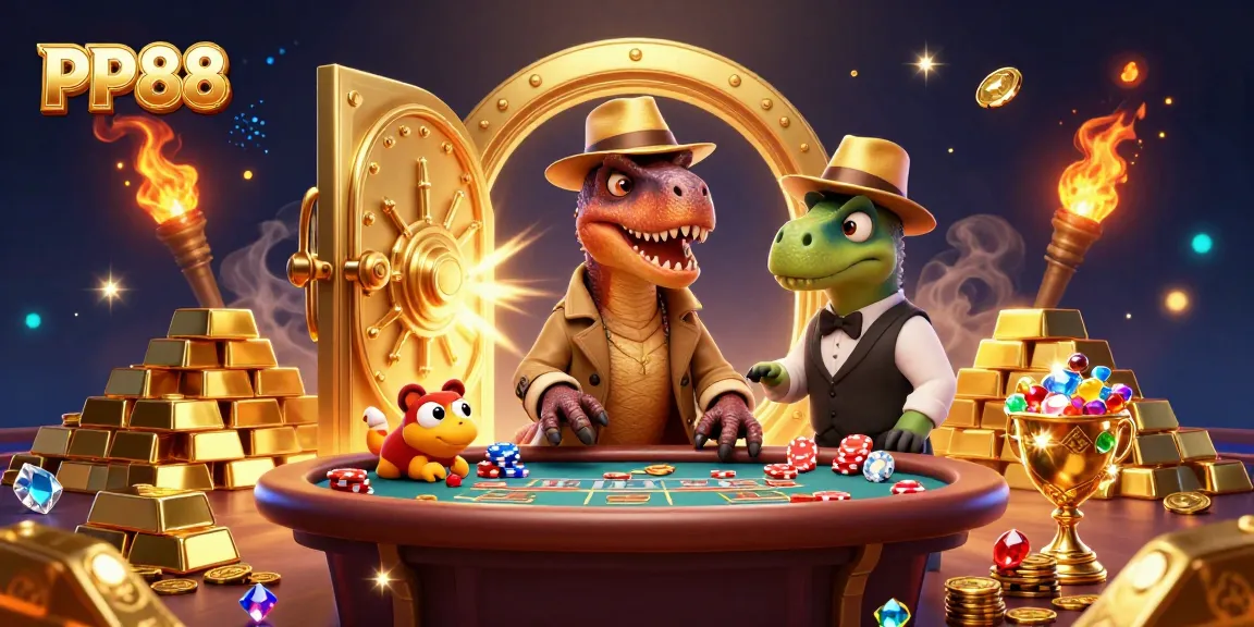 Experience the excitement of PP88 with a cartoon velociraptor card counter at a blackjack table amidst gold treasures.
