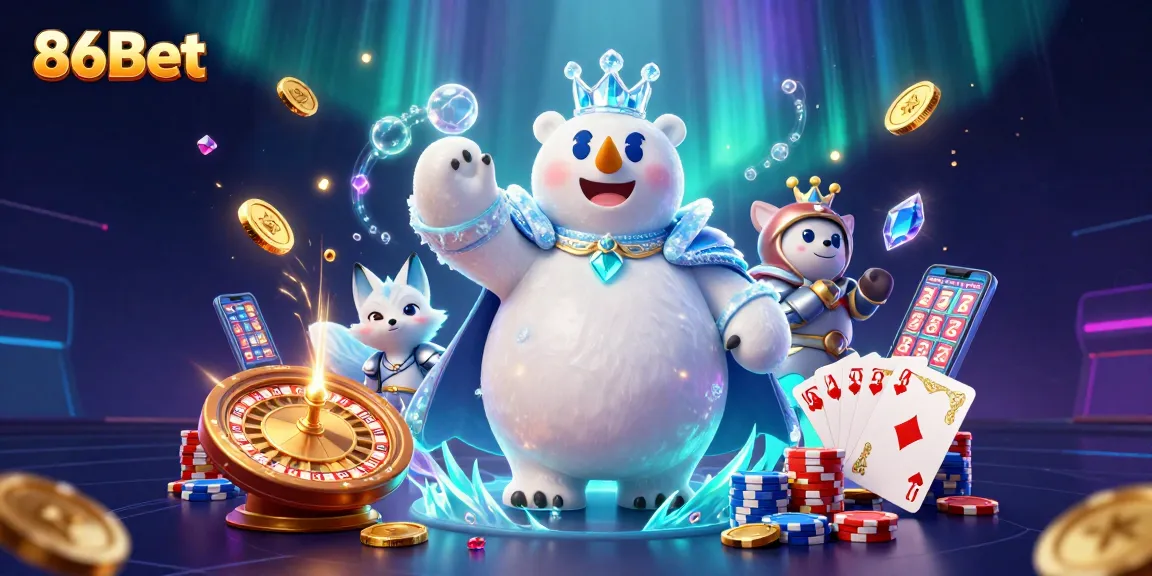 Play exciting games at 86Bet with a vibrant casino-themed illustration featuring captivating characters and rich graphics.