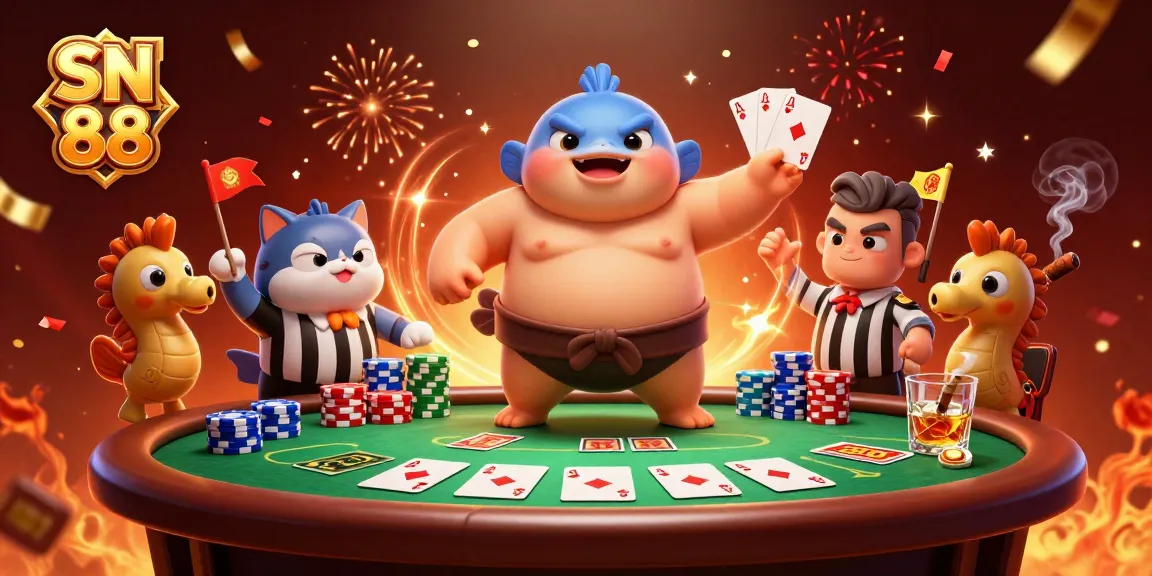 Join the excitement at SN 88 as players enjoy a lively poker game in a vibrant 3D underwater scene.