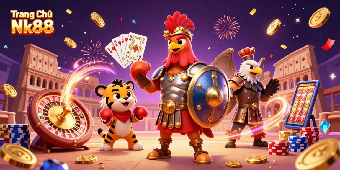 Experience thrilling gaming action at Trang Chủ Nk88 with vibrant scenes of engaging characters and casino excitement.