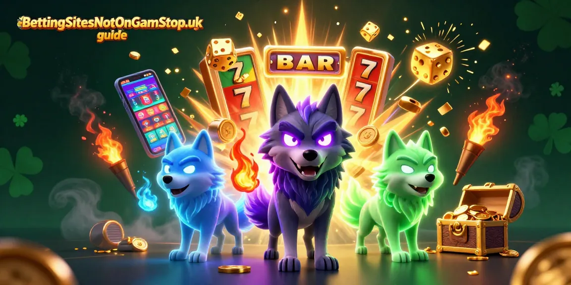 BettingSitesNotOnGamStop.uk guide showcases a dynamic 3D casino scene featuring energetic wolf characters.