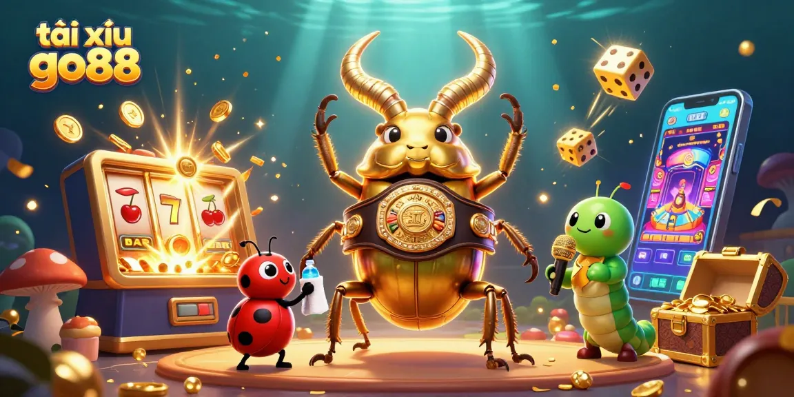 Tài xỉu go88 features an epic clash with a golden stag beetle in a casino-themed battle.