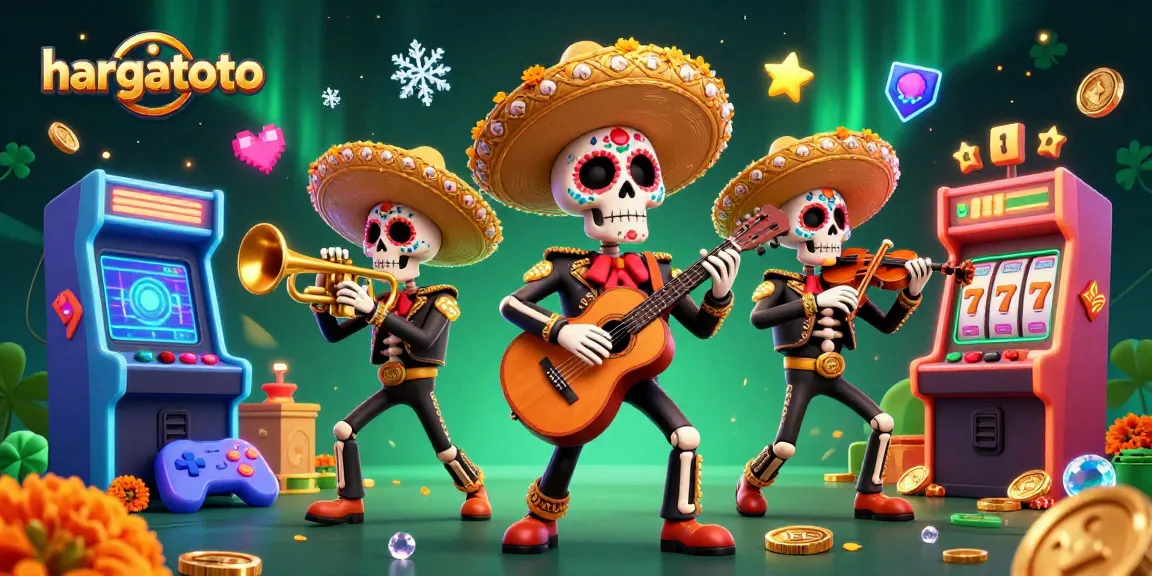 Experience hargatoto's exciting atmosphere with a lively Day of the Dead skeleton mariachi band in a colorful casino scene.