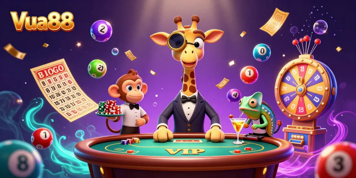 Experience Vua88's thrilling world of online gambling with high-roller characters and vibrant game elements.