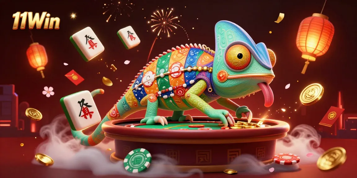Experience thrilling gameplay with 11Win's vibrant casino scene, featuring an animated chameleon and dynamic elements.