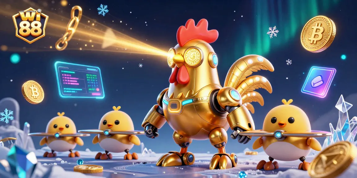 Experience the excitement of betting at wi 88 with this dynamic 3D illustration of a golden rooster robot and crypto coins.