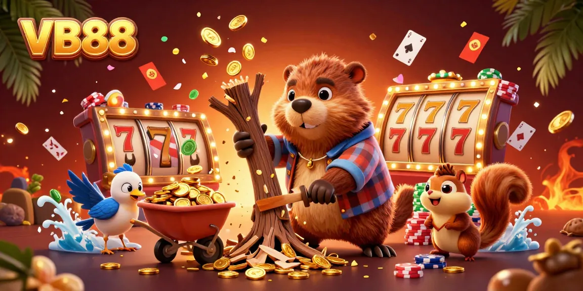 Experience the excitement of VB88 in this vibrant casino-themed 3D illustration filled with lively gaming elements.
