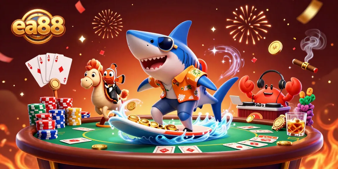 Spin to win at ea88 with a surfing shark amid gold coins and poker elements.