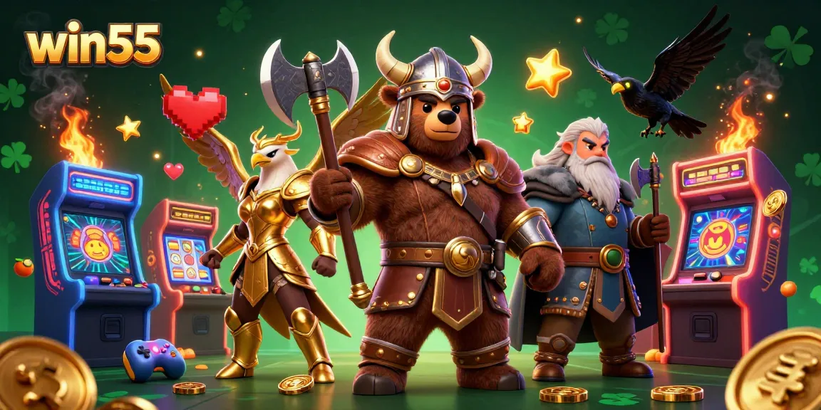 Engage with win55's thrilling slot adventures featuring a Viking bear and Valkyrie eagle in an epic gaming setup.