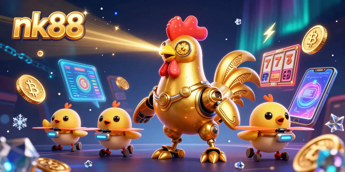 Engage with the exciting nk88 casino atmosphere featuring golden rooster robot and baby chick drones.