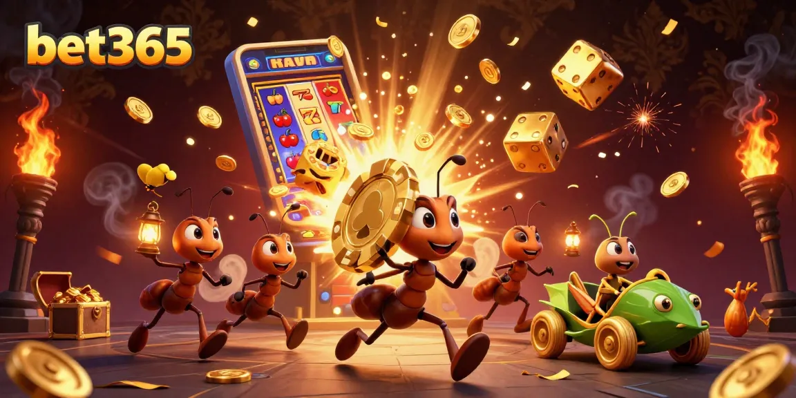 Experience a thrilling heist at bet365 with cartoon ants as they navigate a jackpot explosion in 3D illustration.