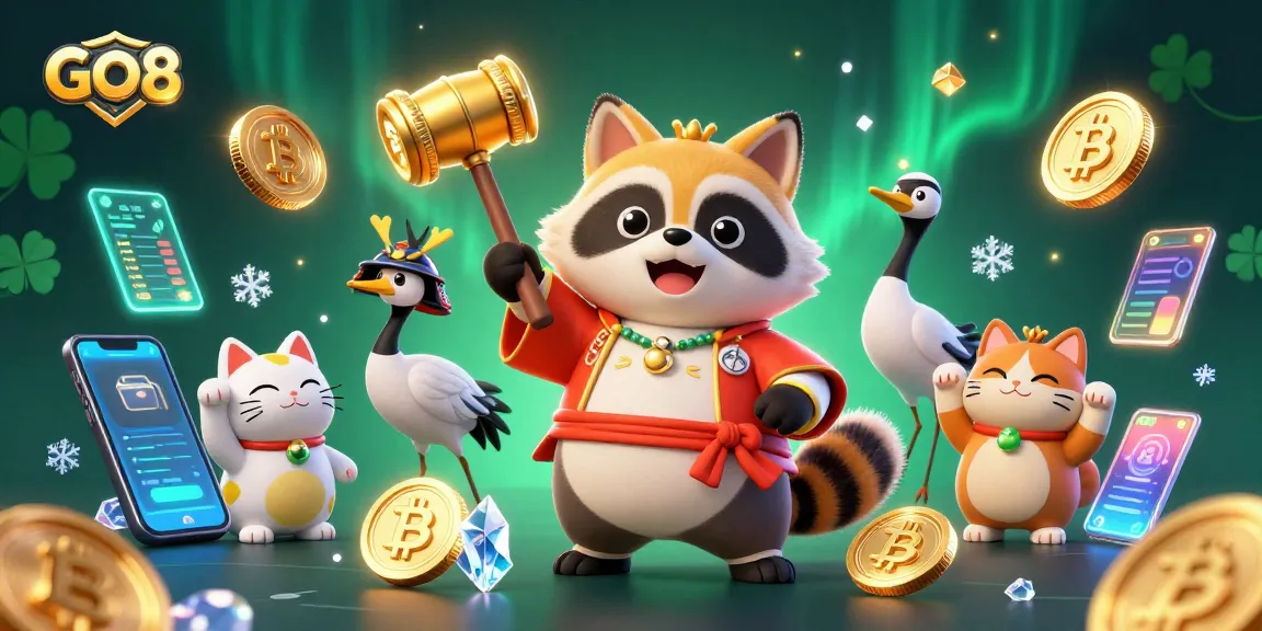 Experience exciting gameplay at GO8 with cheerful tanuki surrounded by vibrant casino elements.