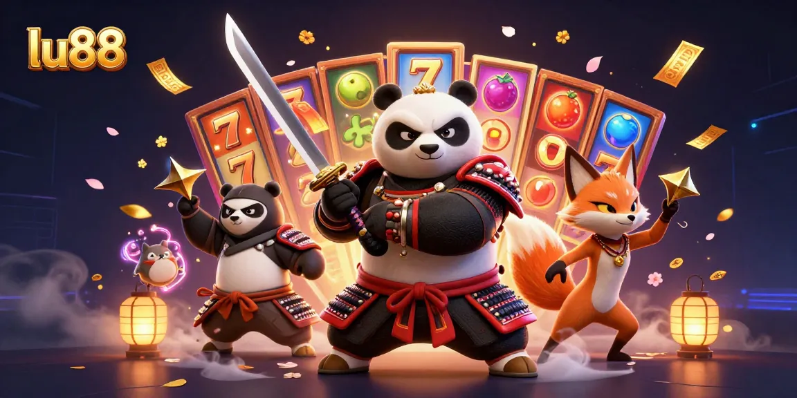 Experience dynamic gaming action with lu88 as a 3D samurai panda and companions engage in exciting jackpots and colorful slot elements.