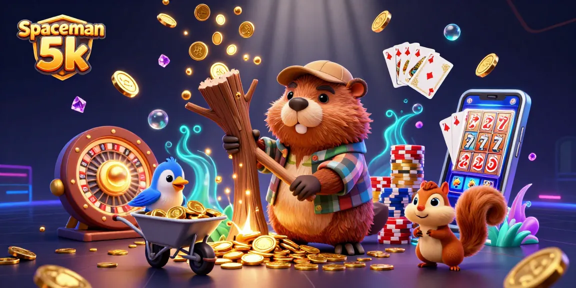 Permainan slot Spaceman 5k dengan karakter menarik dan koin emas berlimpah di latar belakang futuristik.