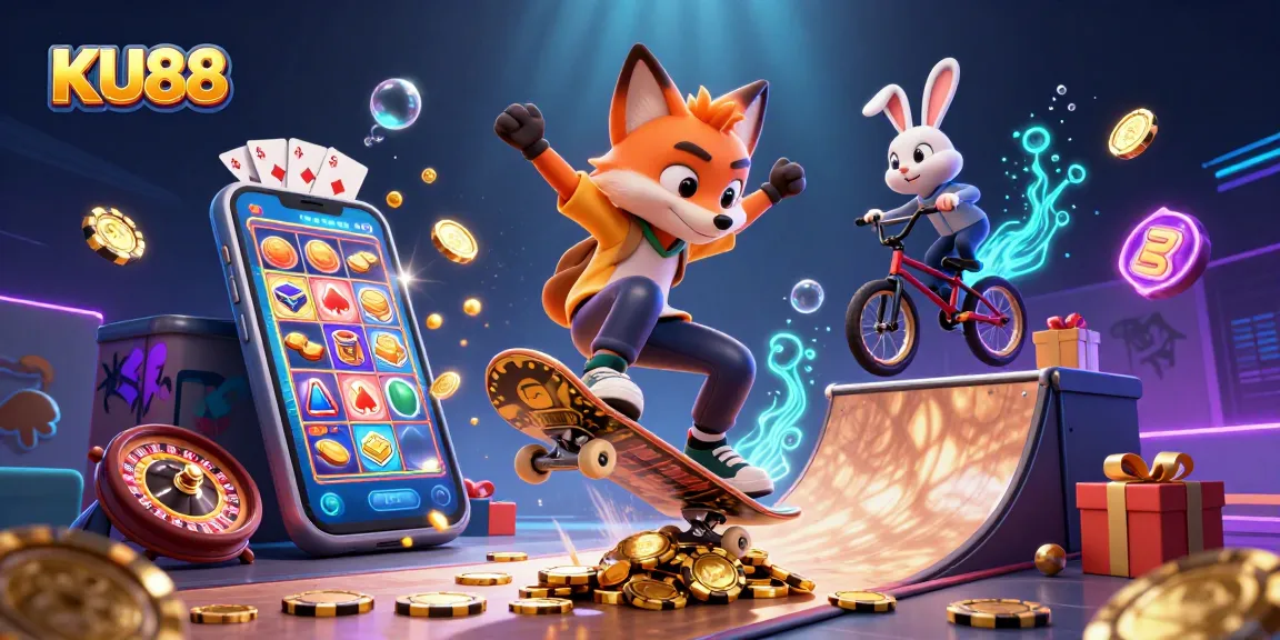 Join the excitement at KU88 as a fox performs a kickflip over golden poker chips in a vibrant casino scene.