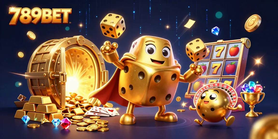 Immerse in the thrilling world of 789BET with a vibrant 3D casino illustration featuring a golden dice golem juggling in wealth.