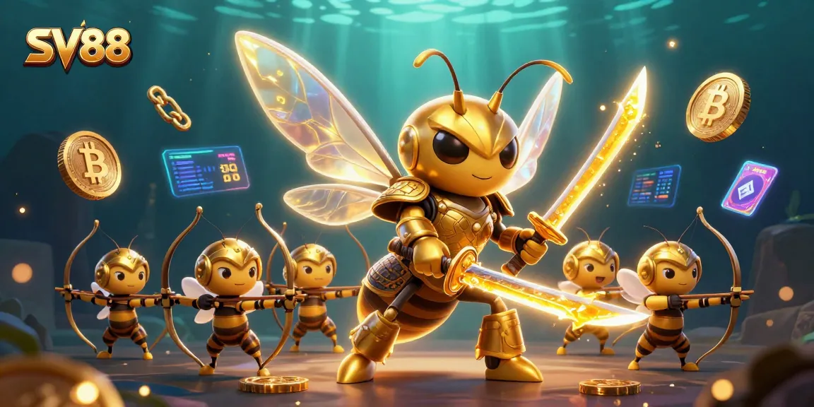 Engage with SV88's thrilling gaming world, showcasing a vibrant 3D scene filled with dynamic casino elements.