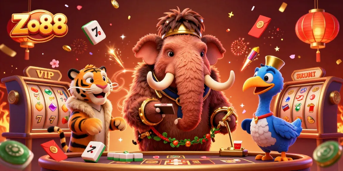Experience thrilling bets at Zo88 with vibrant casino characters amidst festive decor and winning elements.