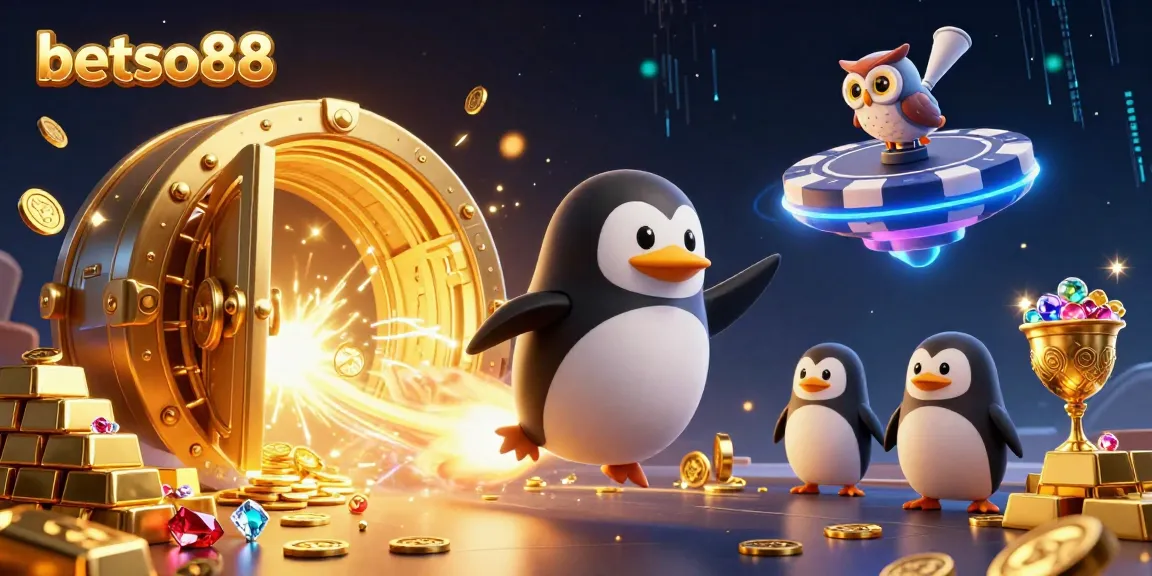Win big with betso88 in a vibrant 3D casino illustration featuring a golden penguin and treasures.