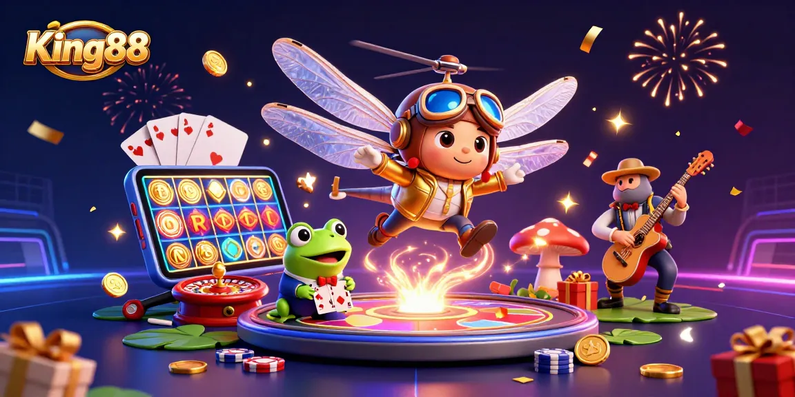 Experience the vibrant energy of King88 casino with a colorful 3D scene featuring game elements, characters, and festive celebration.