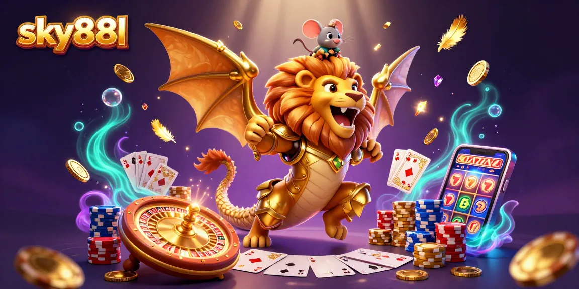 Experience exhilarating wins at sky88l with a 3D casino scene featuring vibrant game elements and characters.
