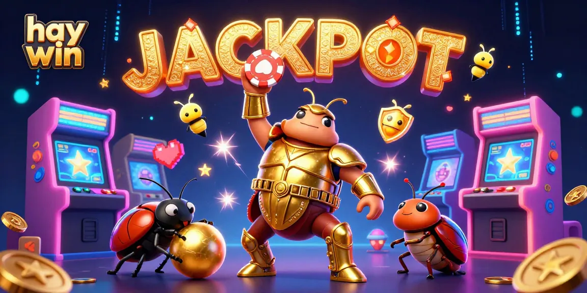 Experience the thrill of hay win as a heroic beetle celebrates a jackpot victory in a vibrant 3D gaming scene.