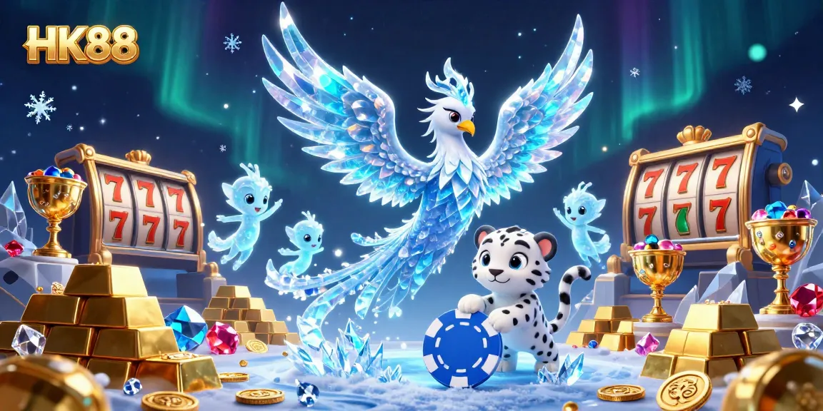 Win big with HK88 in this vibrant casino-themed digital illustration featuring an ice phoenix, snow leopard cub, and dynamic gaming elements.