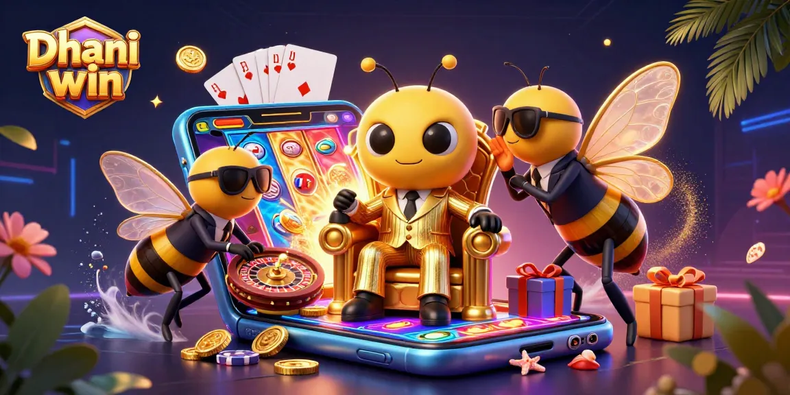 Dhani win enhances gaming excitement with a vibrant bumblebee mob boss surrounded by thrilling casino elements.