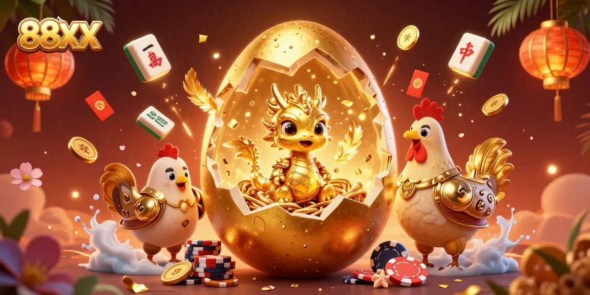 Experience the joy of 88XX gaming with a golden baby dragon amidst poker chips and festive elements.
