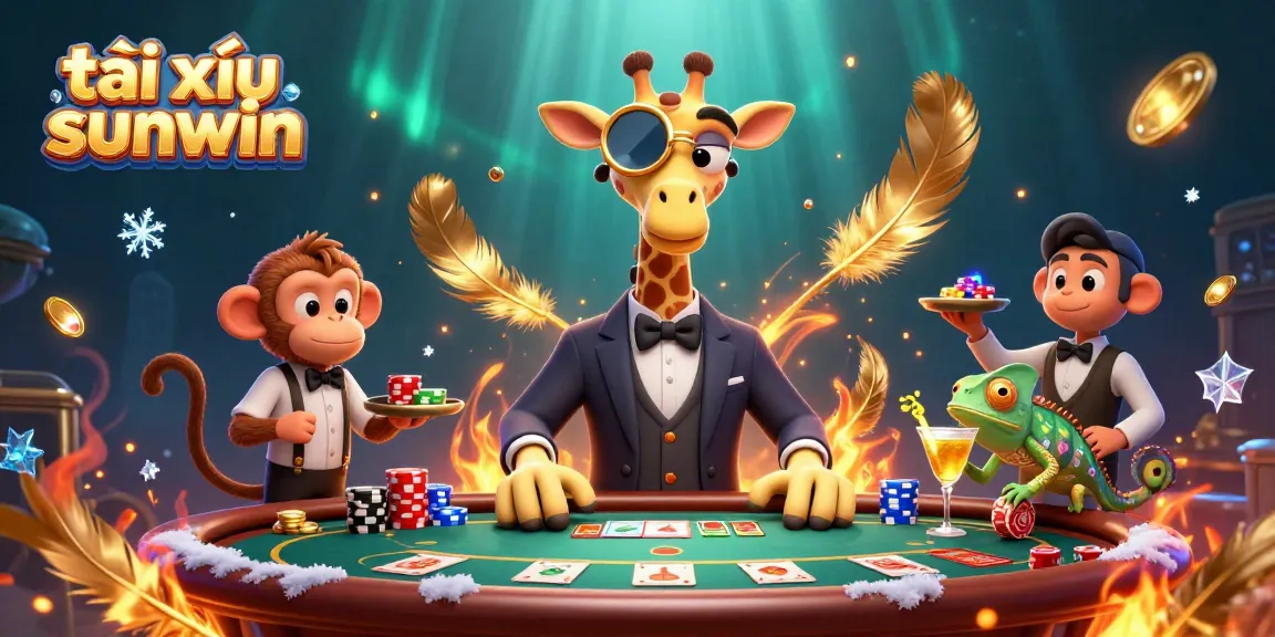 Tài xỉu Sunwin showcases a high-roller giraffe and friends celebrating at a vibrant poker table.