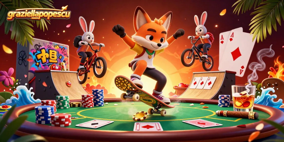 Graziellapopescu showcases thrilling gaming with a skateboarder fox within a vibrant casino scene.