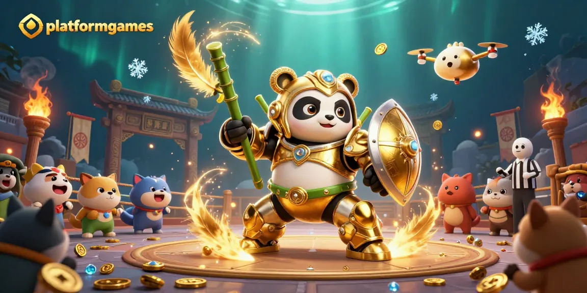 Engage in thrilling gameplay at platformgames with a dynamic arena featuring a golden panda robot.
