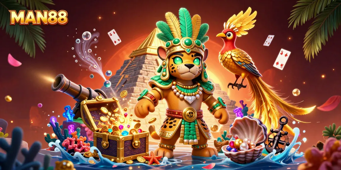 Engage in the thrilling adventure at MAN88 with a vibrant casino-themed 3D illustration.
