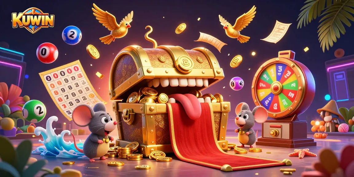 Interact with KUWIN's vibrant lottery scene featuring rich characters and dynamic game elements.