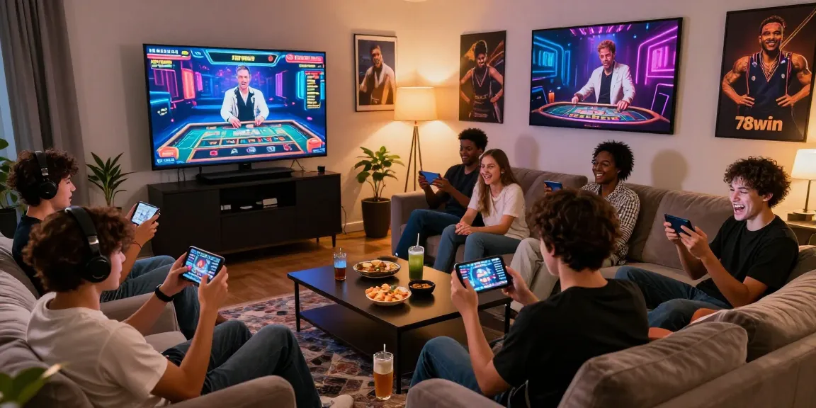 Players enjoying the engaging experience of 78win online gaming, showcasing excitement in a cozy room.