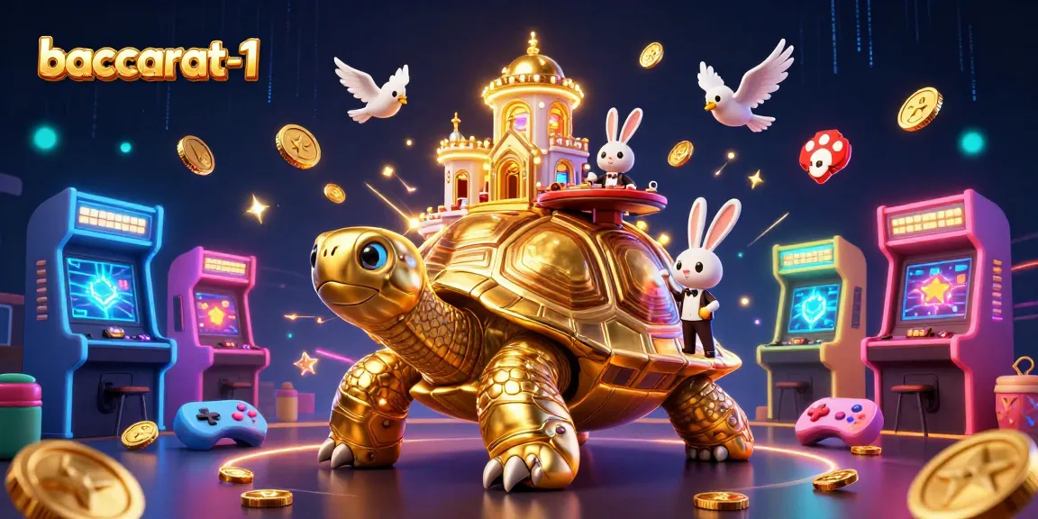 Baccarat-1 showcases a vibrant casino scene featuring a golden tortoise with a casino palace, a rabbit dealer, and flying coins.