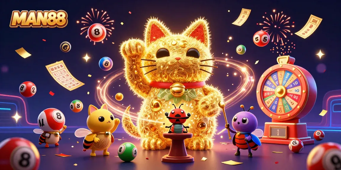 Witness the vibrant world of MAN88 as golden fireflies form a lucky cat amidst casino symbols.