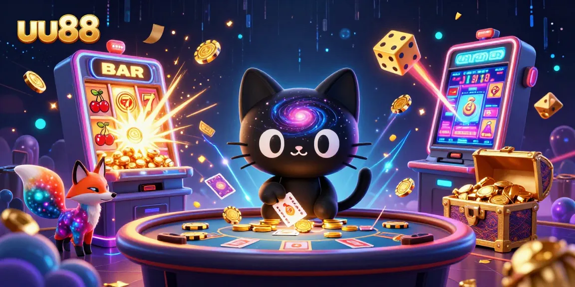 Experience thrilling games at uu88 casino with a black hole cat and nebula fox, surrounded by jackpots.