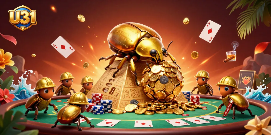 Experience massive golden dung beetles rolling coins at U31 casino with vibrant poker elements in an elaborate scene.