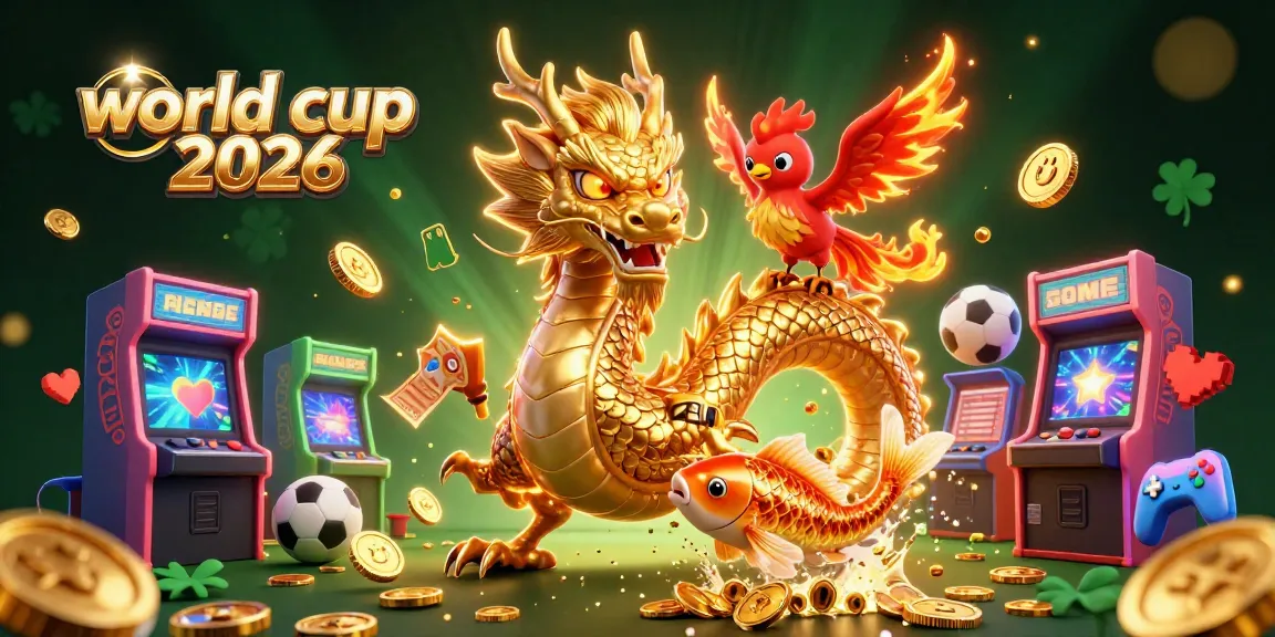 Engage with world cup 2026 sports betting excitement through a dynamic illustration featuring a dragon, phoenix, and koi fish amidst vibrant game elements.