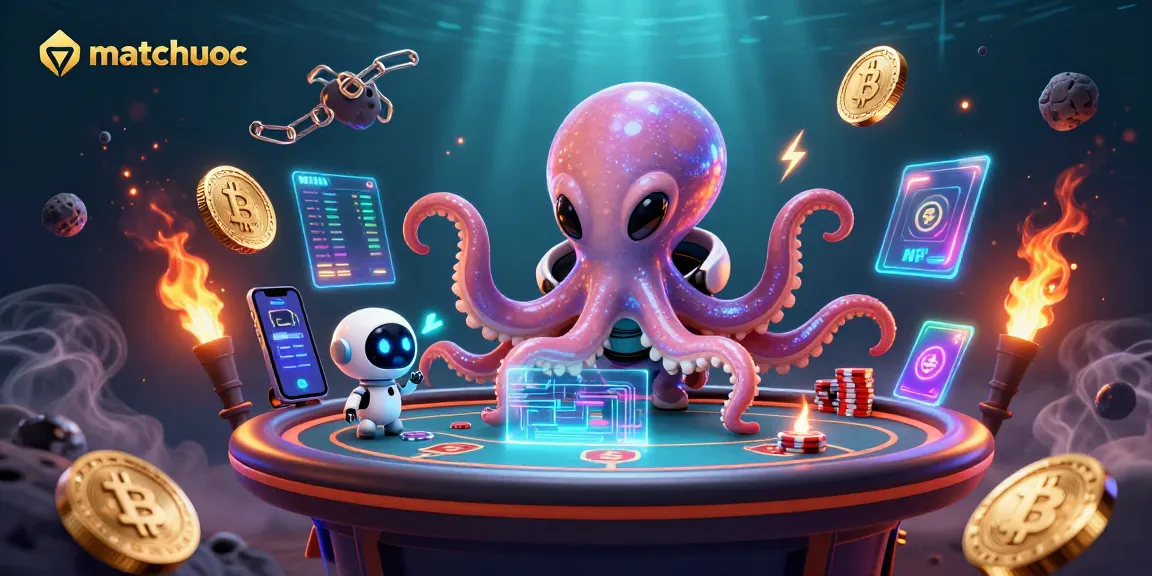 Engage with matchuoc's cosmic poker scene featuring alien characters and vibrant crypto elements.