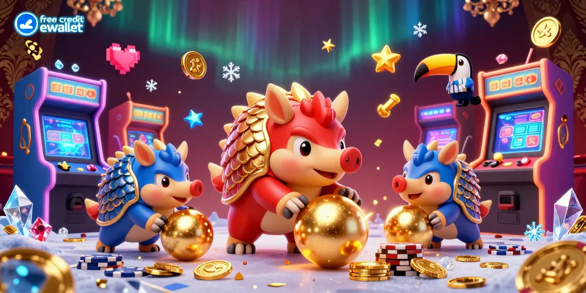 Experience thrilling gameplay with free credit ewallet in this dynamic casino scene featuring cartoon pangolins and vibrant game elements.