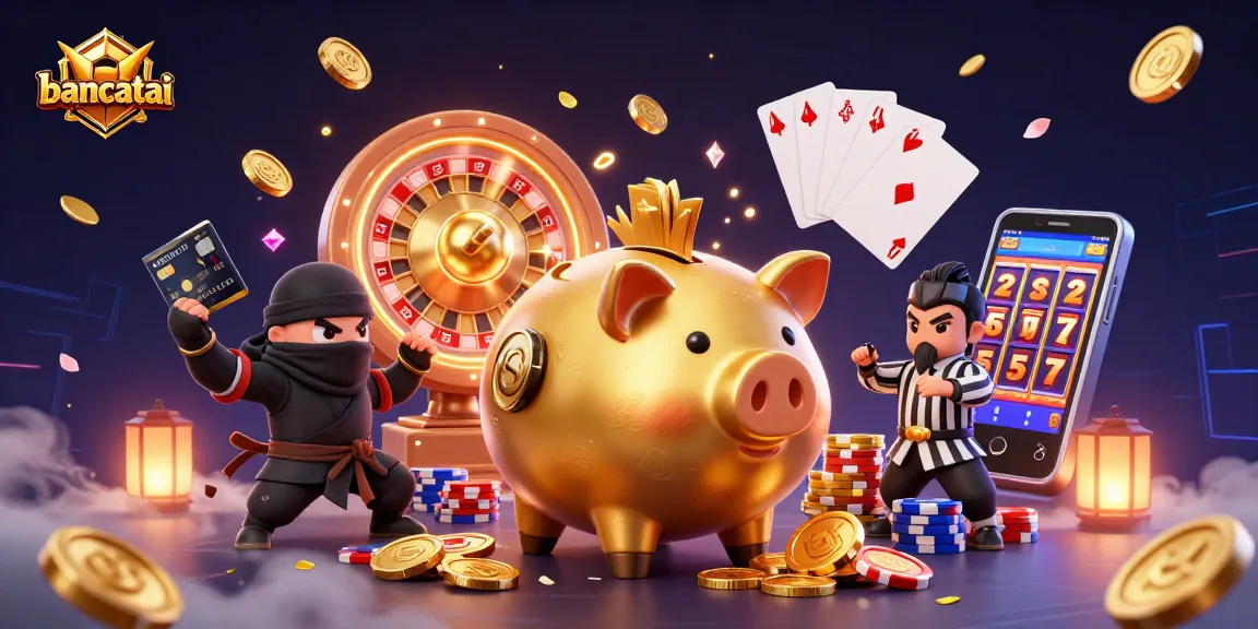 Bancatai features a dynamic casino scene with a golden piggy bank sumo wrestler and characters around sparkling coins and cards.