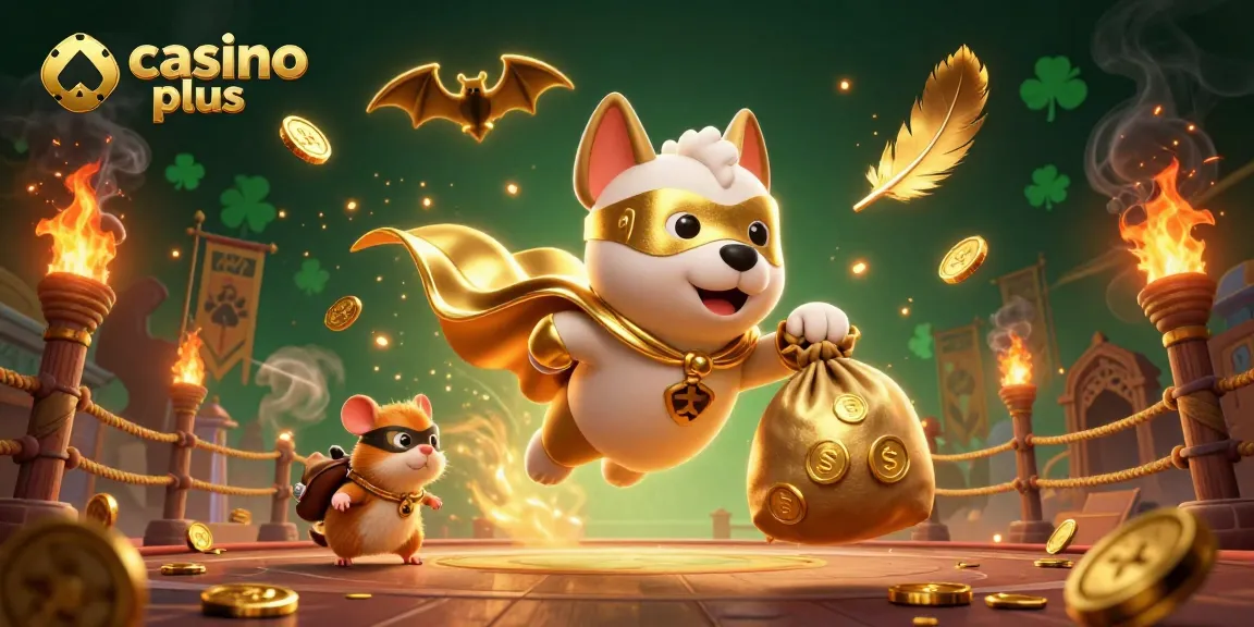 Casino Plus-themed illustration featuring a superhero dog and hamster promoting live betting excitement.