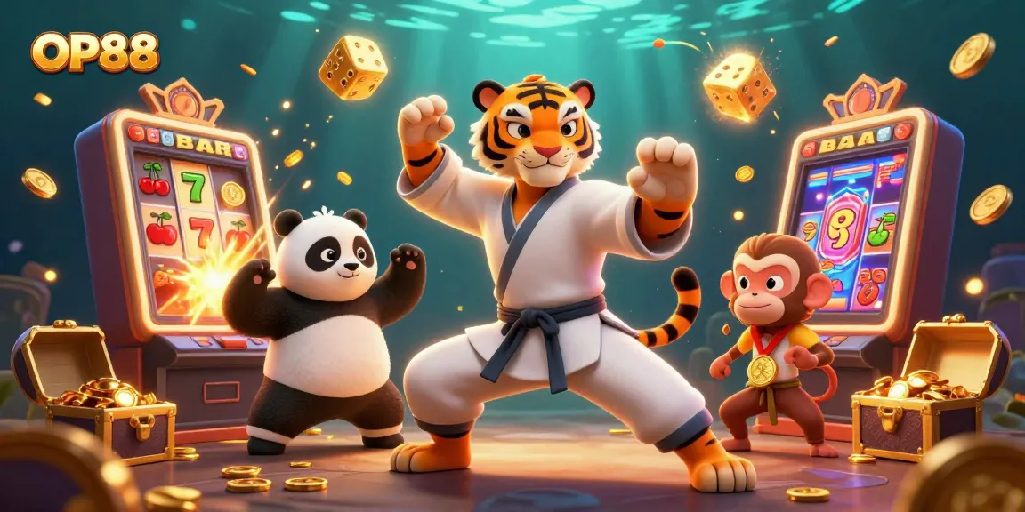 Experience the thrilling world of OP88 with a fun 3D cartoon scene featuring a kung fu tiger and panda in a vibrant casino.