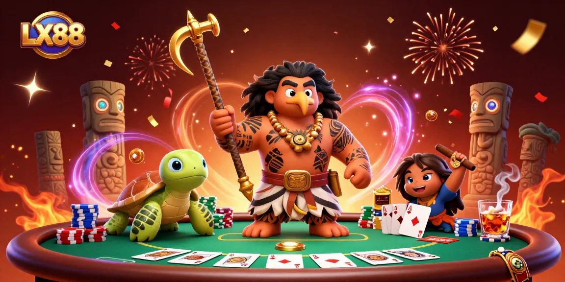 LX88 showcases a vibrant casino scene with a demigod hawk and turtle, surrounded by poker elements and celebratory effects.