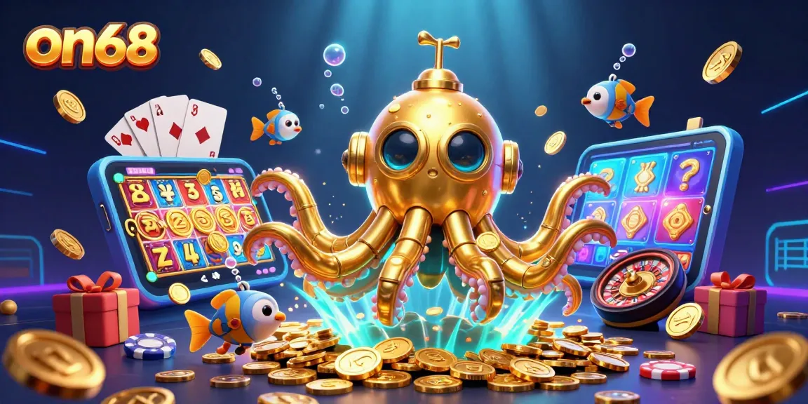 Engage in thrilling gameplay with on68, featuring a golden kraken submarine and vibrant casino elements.