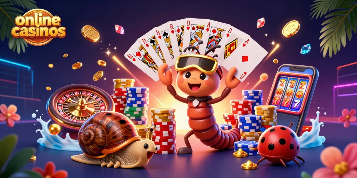 Engage with online casinos through a vibrant 3D scene showcasing an animated millipede dealer and a high-roller snail.