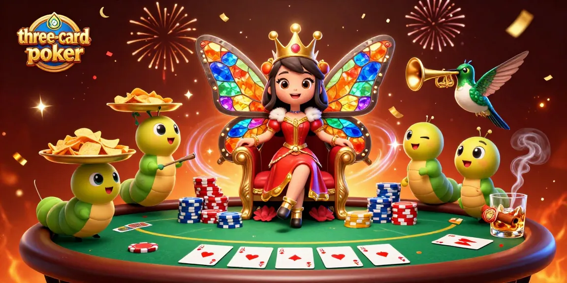 Experience three-card-poker excitement with a vibrant 3D scene featuring a butterfly queen, chips, and community cards.