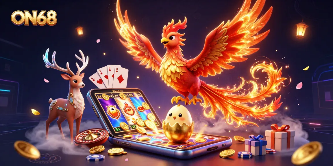 Experience thrilling gaming action at ON68 with a phoenix rising, golden coins, and dynamic slot games.